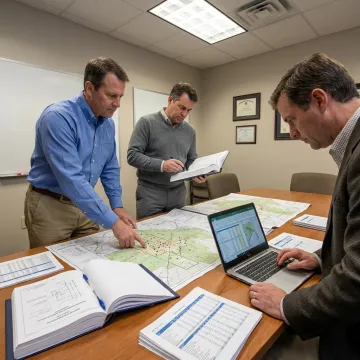 Energy investment team reviewing oil and gas project data