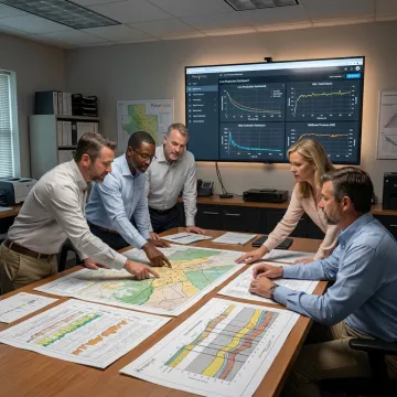 Energy team reviewing oil and gas project data