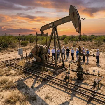 Oil and gas production site at sunset