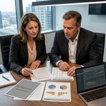 Private wealth strategy meeting with energy investment documents