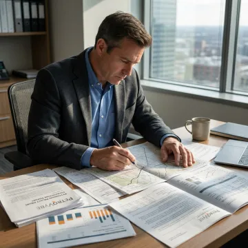 Investor reviewing petroleum development documents