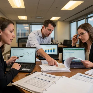 Energy analysts reviewing oil and gas benchmark reports