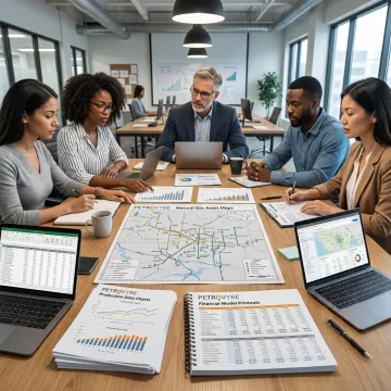 Asset management team reviewing energy project data