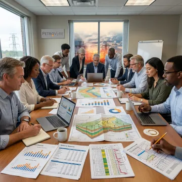 Oil and gas research team reviewing drilling data