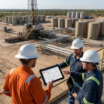 Texas natural gas production site with engineers