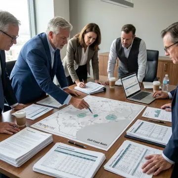 Energy investment team reviewing natural gas development plans