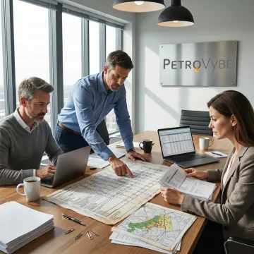 Energy investment team reviewing natural gas development documents