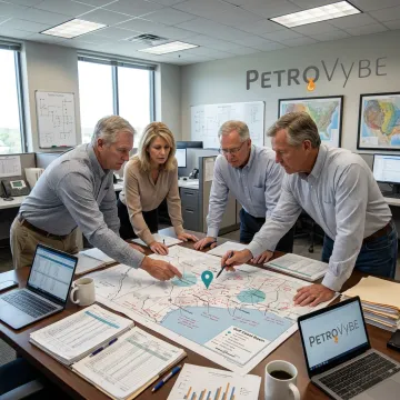 Oil and gas development team reviewing well production data