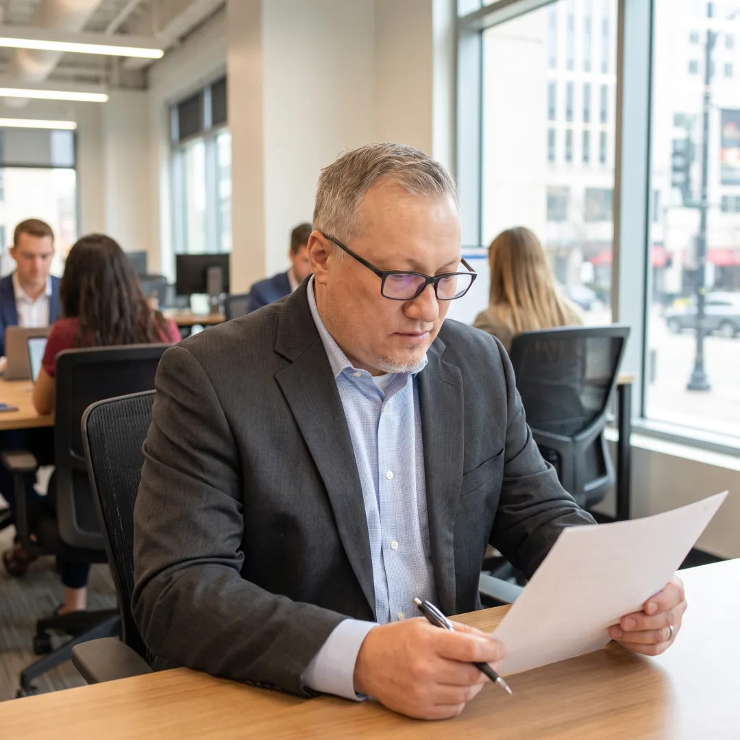 Investor reviewing oil and gas project documents