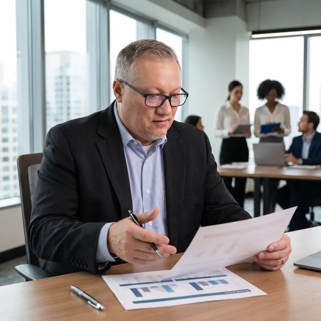 Investor reviewing oil and gas project documents