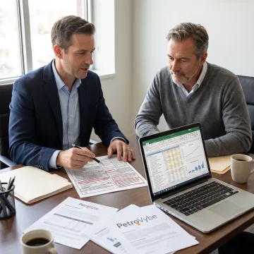 Tax adviser and investor reviewing energy investment records