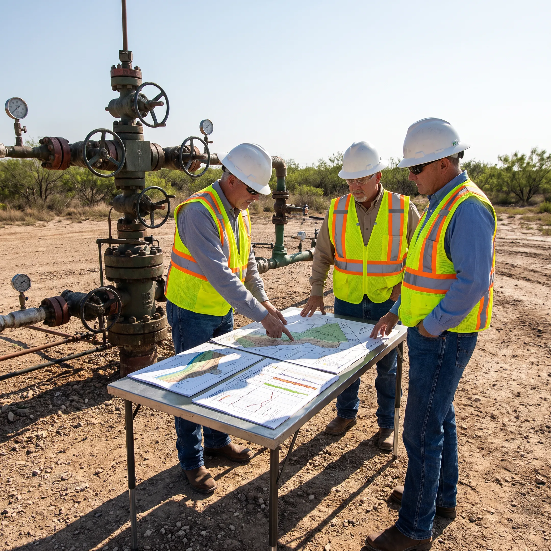 Engineers reviewing oil and gas field data