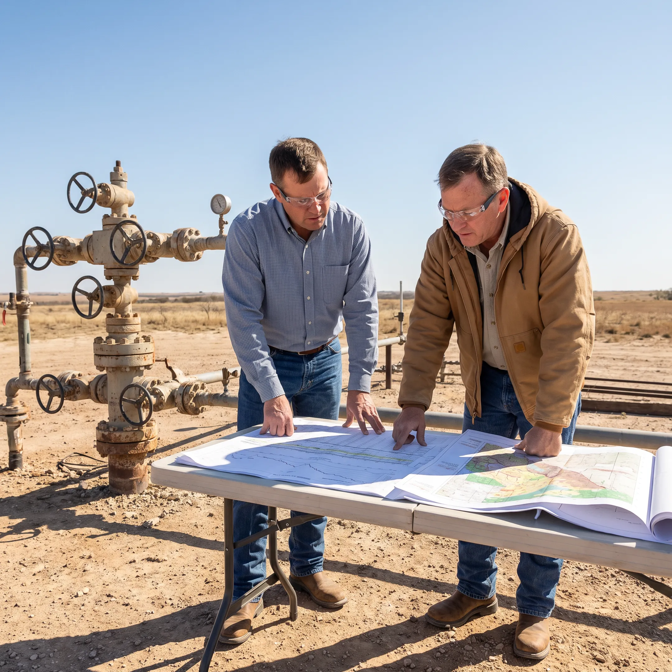 Energy professionals reviewing Texas well data