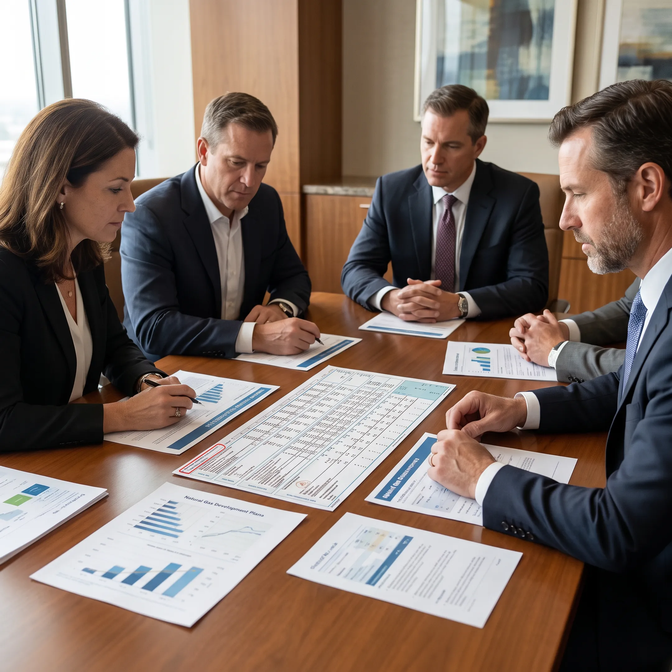 Alternative investment professionals reviewing energy development documents