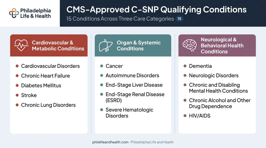 15 CMS-approved chronic conditions grouped into three category columns