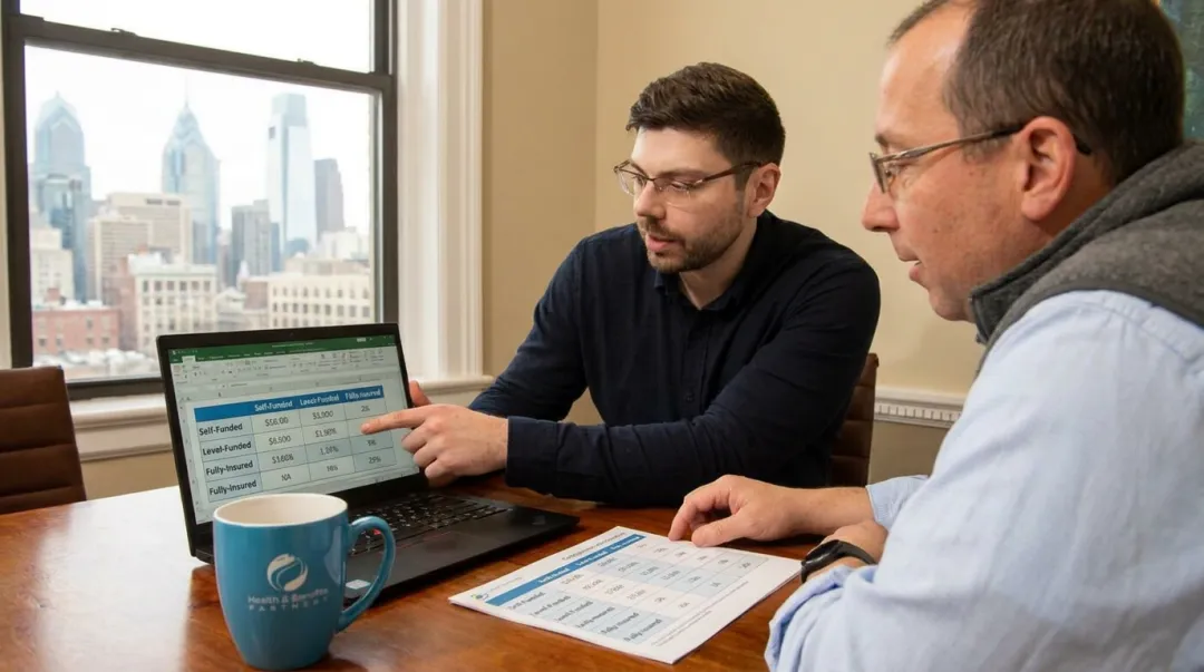 Independent benefits advisor consulting small business owner on health plan options