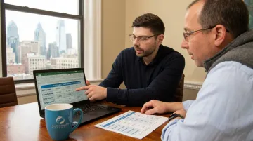 Independent benefits advisor consulting small business owner on health plan options