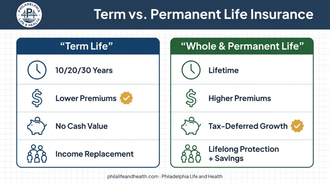 Term life insurance versus whole life insurance side-by-side feature comparison