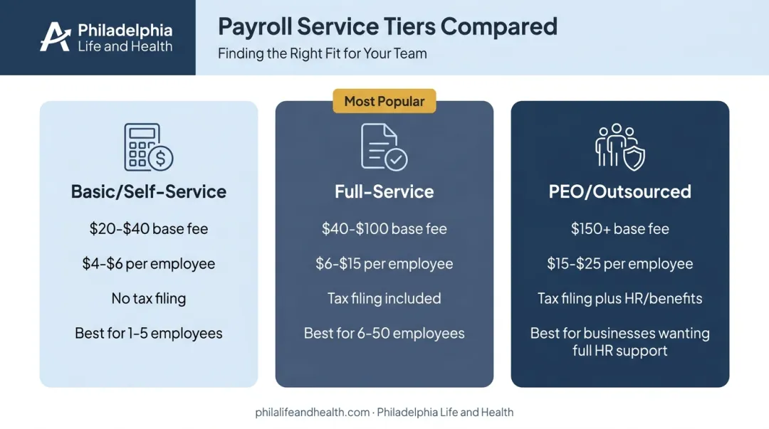 Three-tier payroll service pricing comparison from basic to PEO