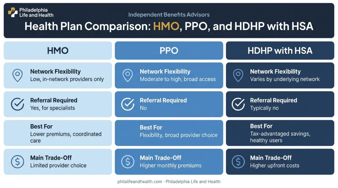 HMO PPO HDHP comparison chart for small business health plans