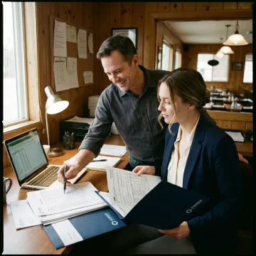 Restaurant manager reviewing payroll with an advisor