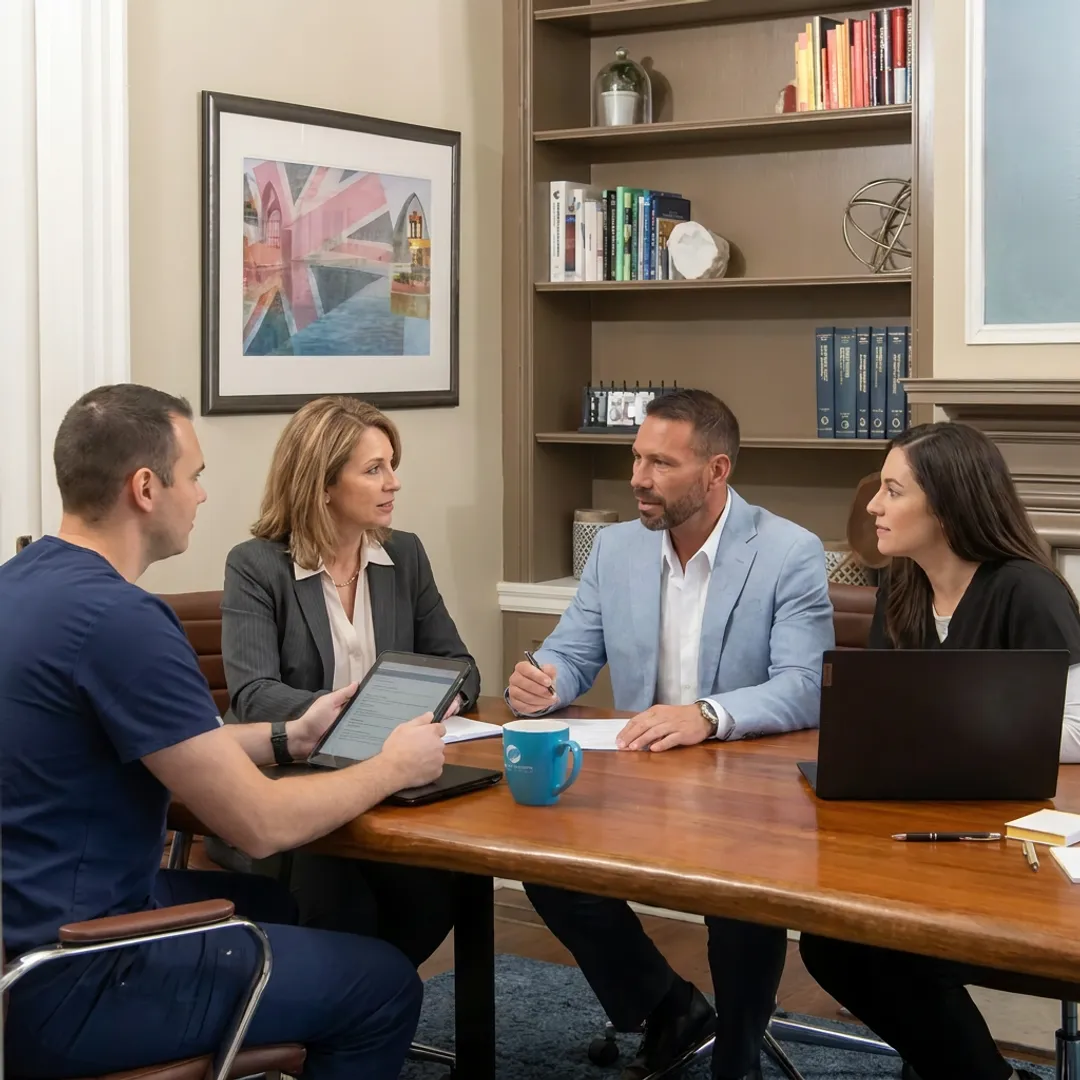 Dental practice team discussing benefits