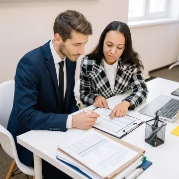 Business owner reviewing payroll documents with an advisor