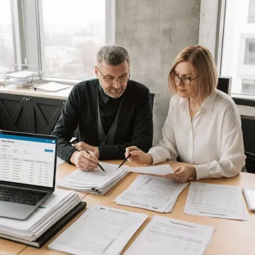Payroll consultant reviewing business records