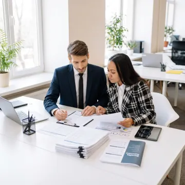 Business owner and HR specialist reviewing payroll reports