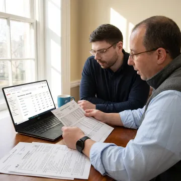 Small-business owner reviewing payroll on a laptop