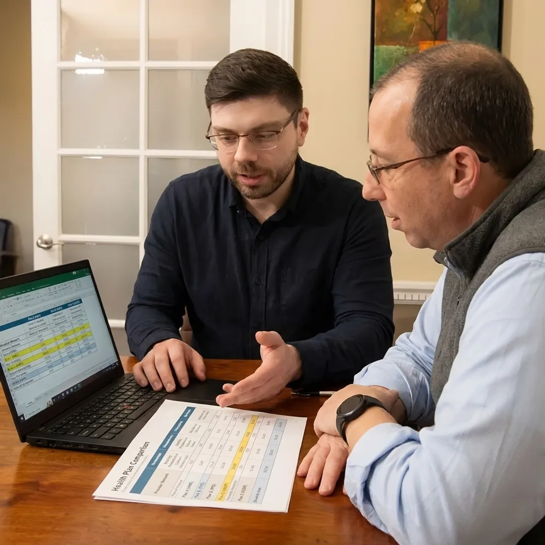 Client comparing health plan choices with an insurance advisor
