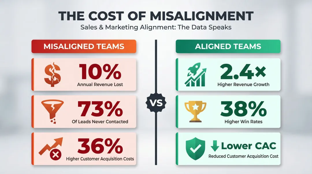 Sales marketing misalignment cost impact statistics comparison infographic for B2B teams