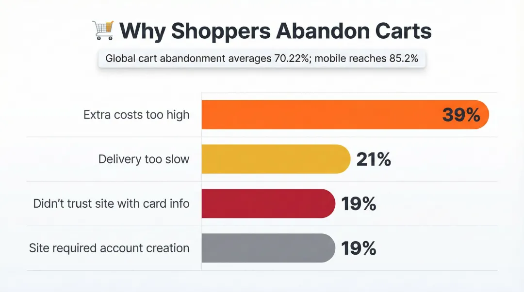 Top four cart abandonment reasons with percentage breakdown horizontal bar chart