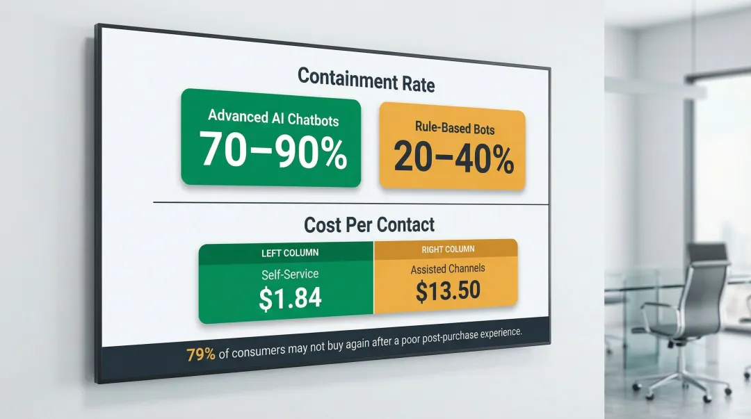 AI chatbot versus rule-based bot containment rates and support cost comparison infographic