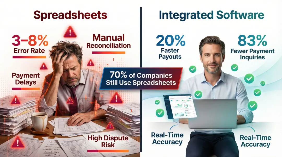 Sales compensation spreadsheet error rates versus integrated software accuracy comparison infographic