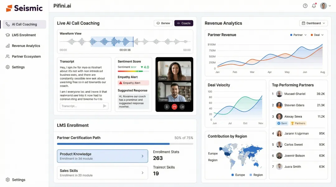 Pifini.ai platform dashboard showing live AI call coaching and partner analytics modules