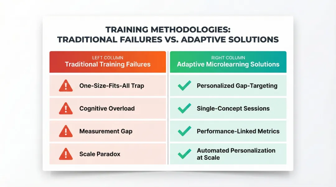 Four structural failures of traditional training versus adaptive microlearning solutions comparison