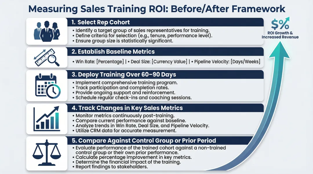 Five-step sales training ROI measurement baseline and tracking process flow