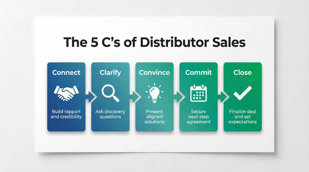 Five C's of distributor sales framework Connect Clarify Convince Commit Close