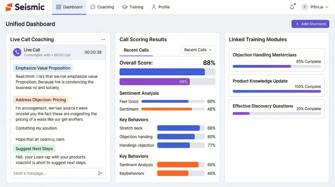Pifini AI platform dashboard showing call scoring coaching and training modules