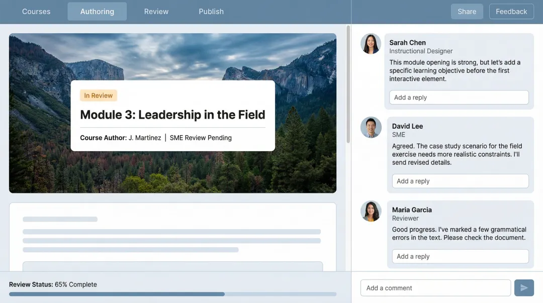 Collaborative enterprise LMS interface showing peer course creation and social learning features