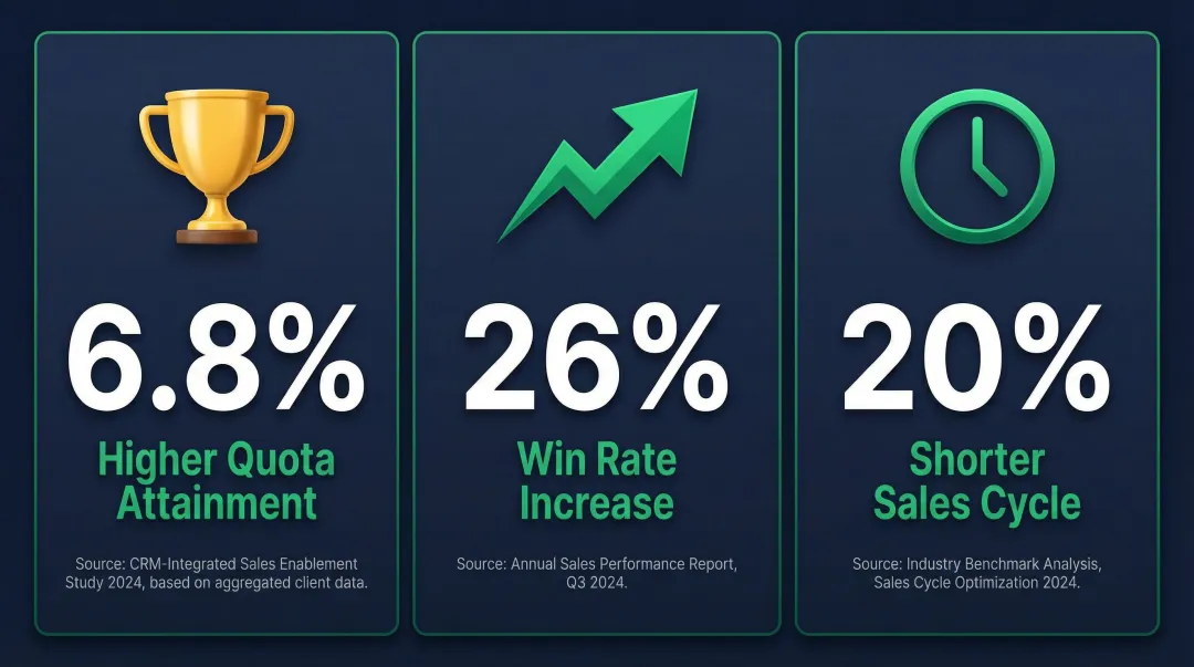 Three CRM-integrated sales enablement statistics showing quota win-rate and cycle improvements