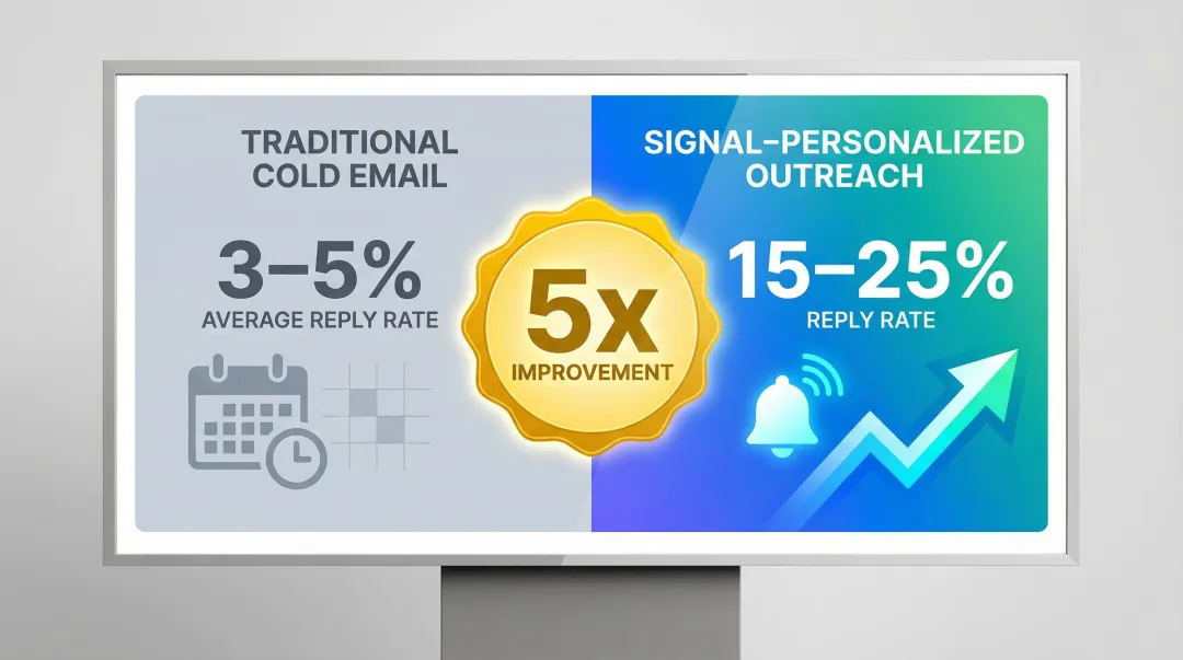 Signal-driven outreach versus traditional cold email reply rate comparison infographic