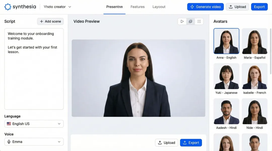 AI avatar video platform interface showing multilingual training content creation screen