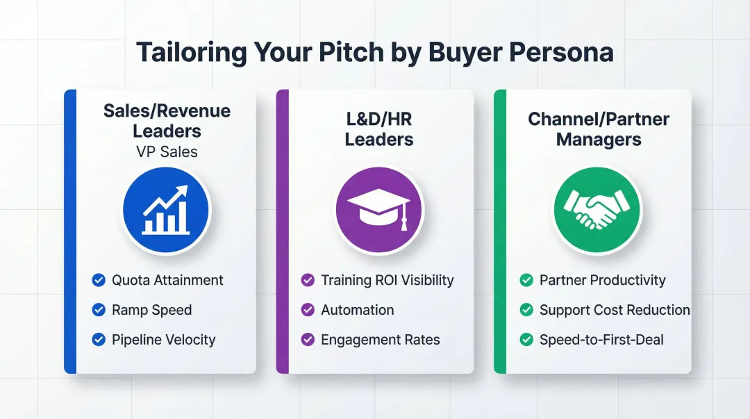 Three AI training platform buyer personas with tailored pitch priorities comparison