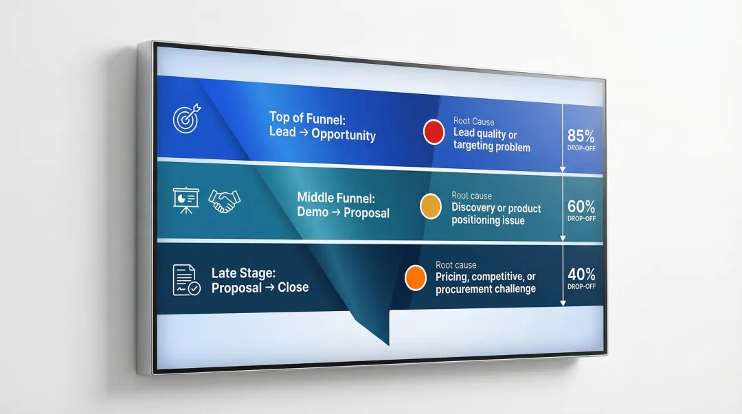 Sales pipeline stage conversion breakdown showing three funnel failure points and root causes