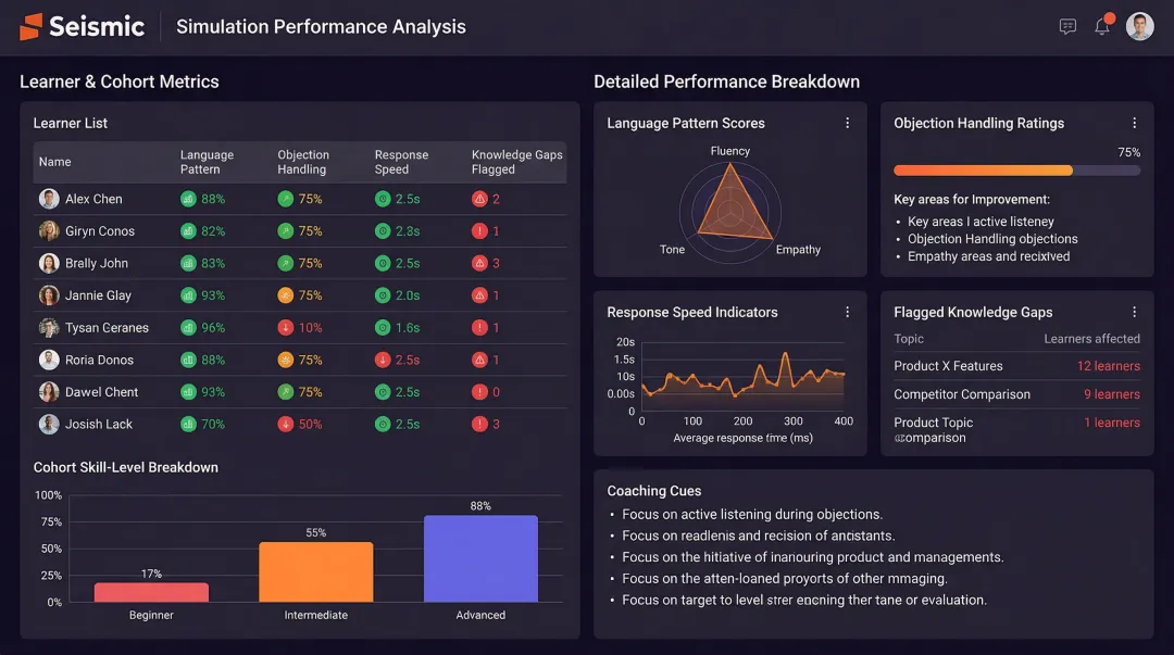 AI-powered simulation performance analysis dashboard showing learner coaching metrics and skill gaps