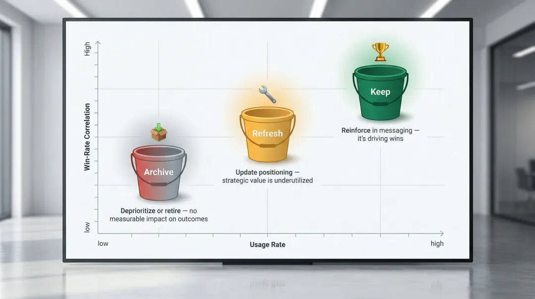 Three-bucket content audit framework categorizing sales assets as keep refresh or archive