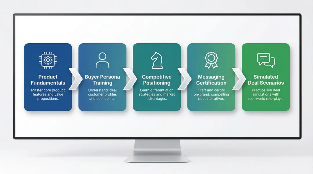 Five-stage structured software sales onboarding learning path from product fundamentals to deal simulations