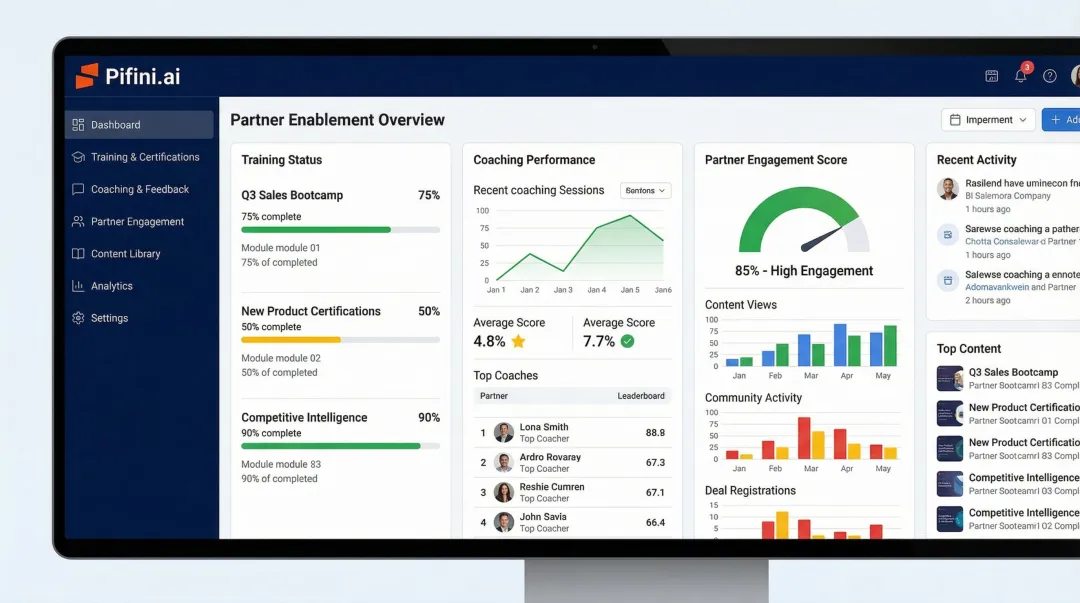 Pifini.ai partner enablement platform dashboard showing training and coaching interface